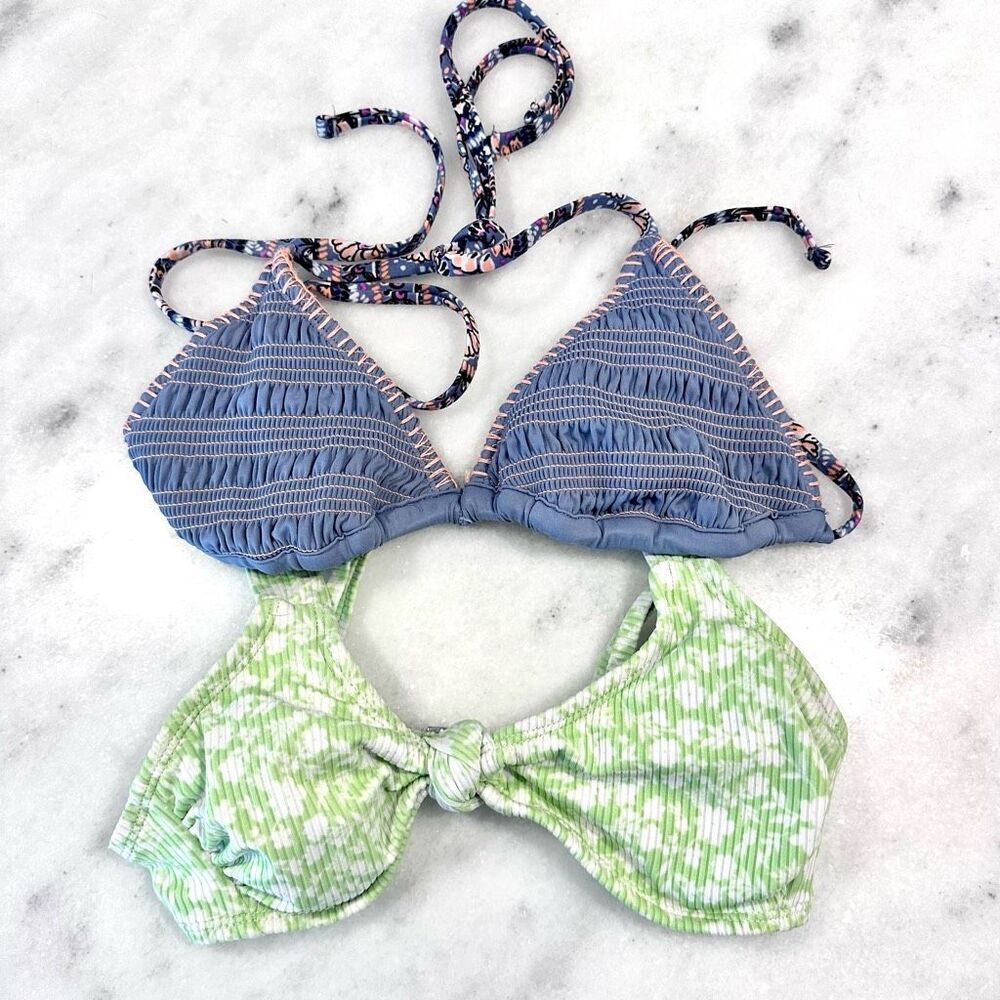 Xhilaration Women's Triangle Bikini Top Bundle Set Cute Pattern Green Blue XS
